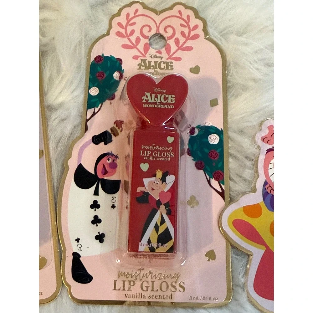 Disney Alice in Wonderland Lip Gloss Set Queen of Hearts Cheshire Cat 3pc NEW